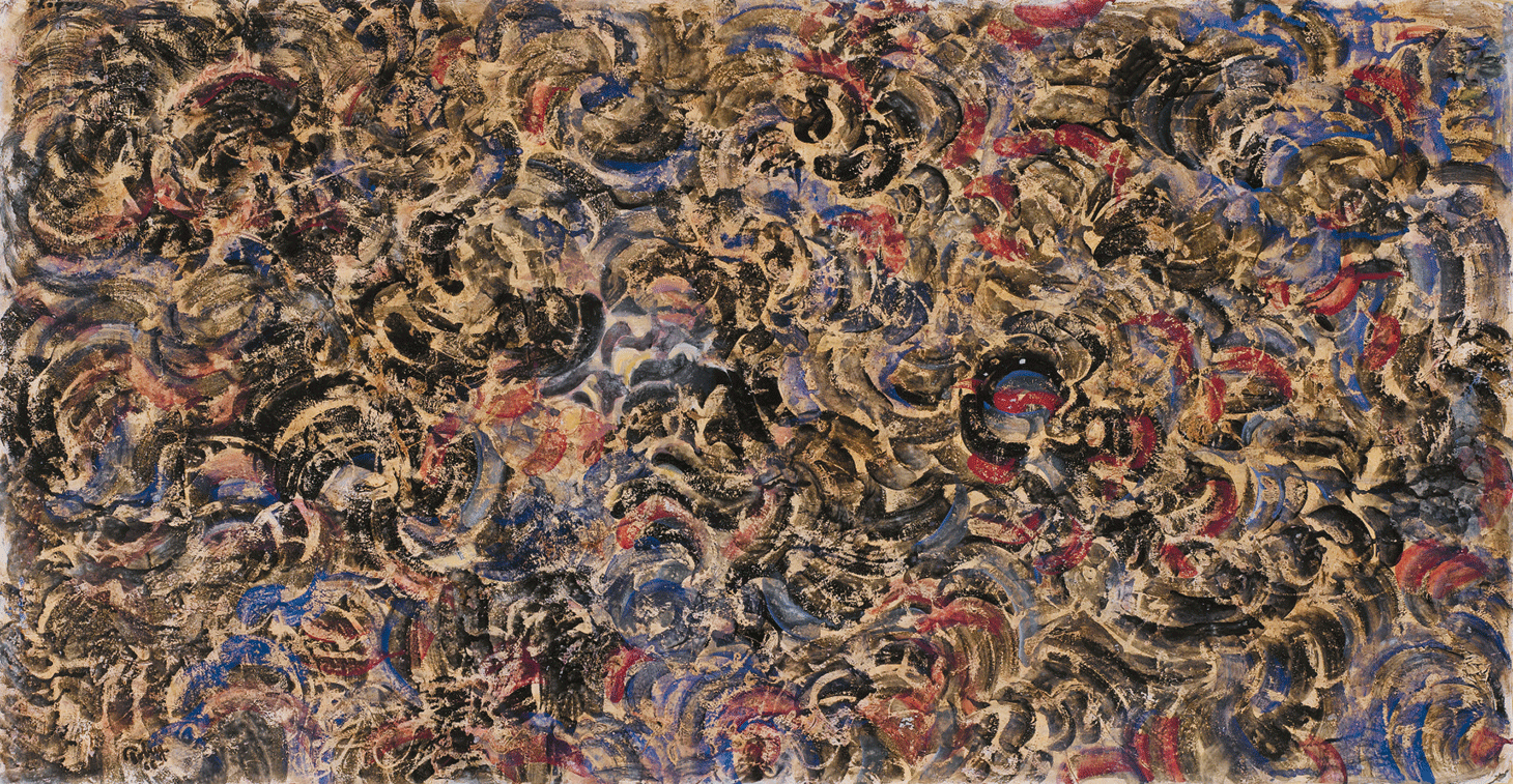 Mark Tobey, "Tumult" (1966), tempera on paper laid down on board, 26 9/16 x 51 3/8 inches (image courtesy Sotheby's)
