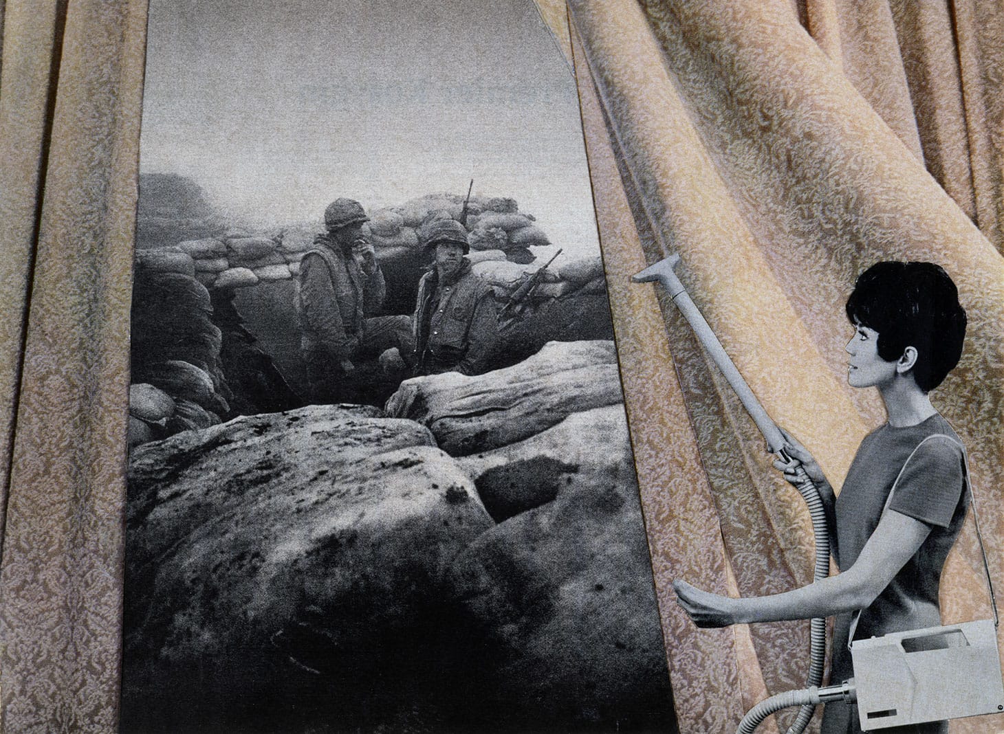 Martha Rosler, "Cleaning the Drapes," from the series House Beautiful: Bringing the War Home (c. 1967-72), photomontage (artwork © Martha Rosler, image courtesy the artist and Mitchell-Innes & Nash, New York)