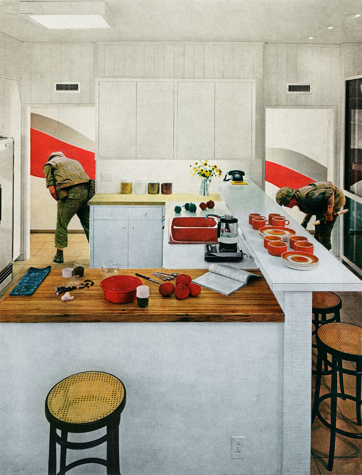 Martha Rosler, "Red Stripe Kitchen," from the series House Beautiful: Bringing the War Home (c. 1967-72), photomontage (artwork © Martha Rosler, image courtesy the artist and Mitchell-Innes & Nash, New York)