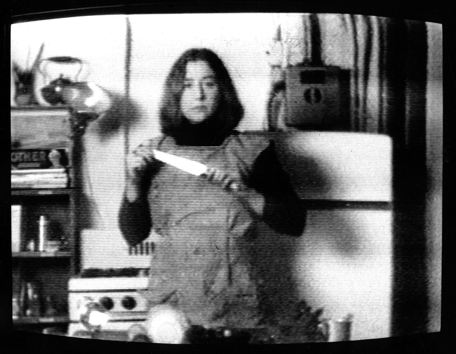 Martha Rosler, still from "Semiotics of the Kitchen" (1975), black-and-white video, 6 min., 30 sec. (artwork © Martha Rosler)
