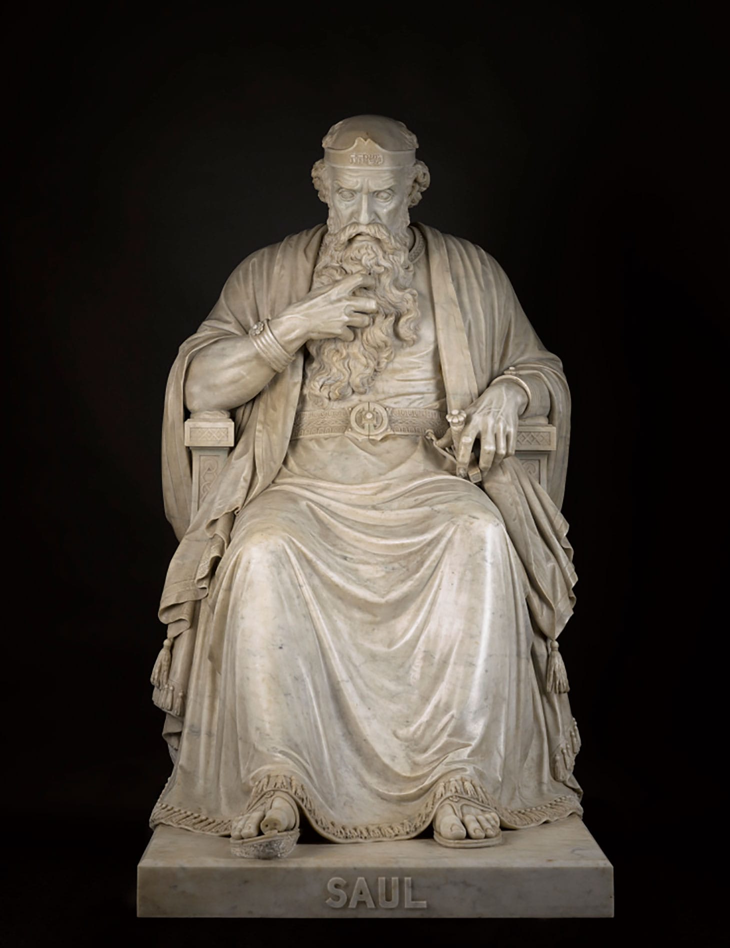 William Wetmore Story, "Saul Under the Influence of the Evil Spirit" (1865), marble with original marble base in three sections, H. 64 x W. 34 x D. 64 1/2 inches, base: H. 34 1/2 x W. 39 1/4 x D. 68 3/4 inches (image courtesy North Carolina Museum of Art, Gift of Anne Faircloth and Frederick Beaujeu-Dufour in honor of John W. Coffey)