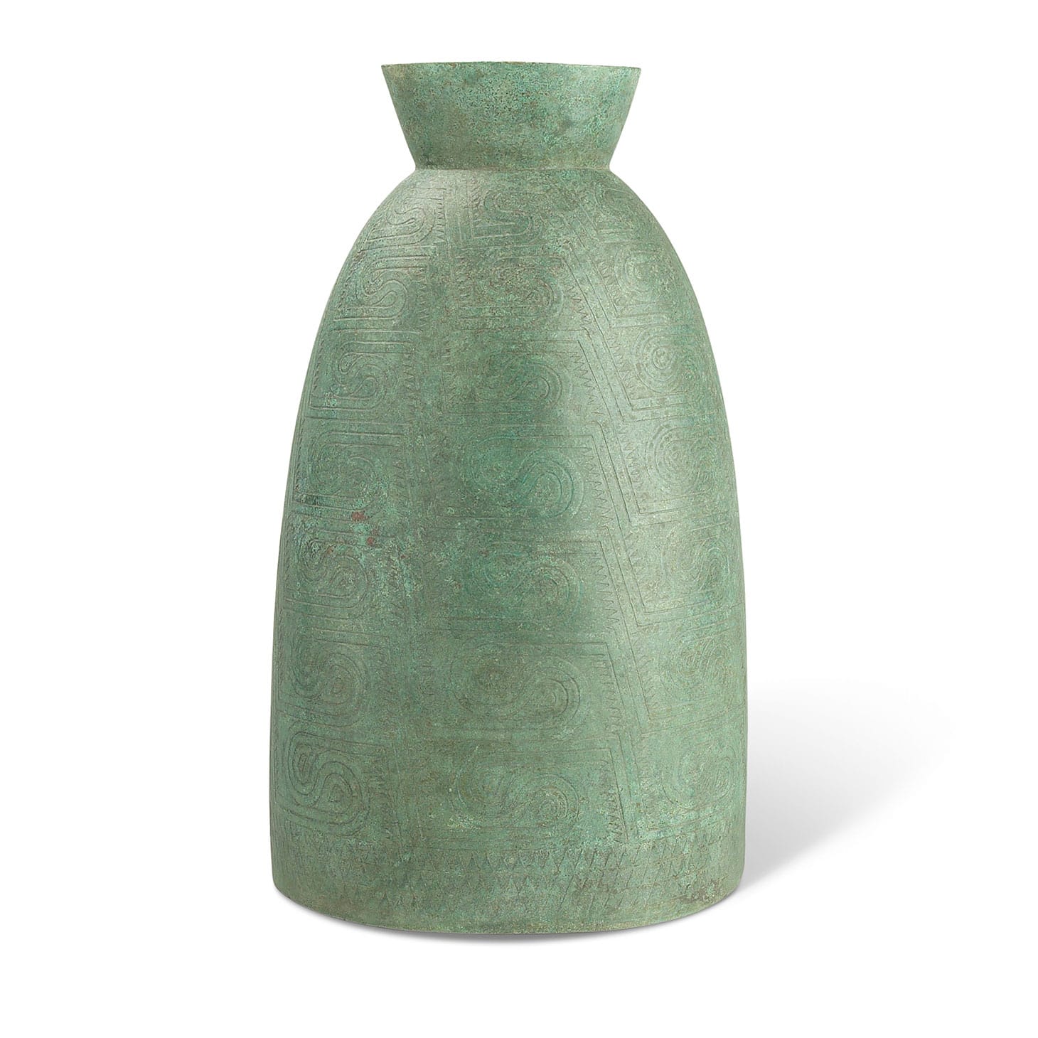 A Cambodian bronze ceremonial bell, Battambang Province, probably 2nd century BCE to 2nd century CE, of waisted oval section, decorated overall with geometric scrolls in low relief, 22 3/4 inches high, 13 inches wide, 10 3/4 inches deep (image courtesy Christie's)