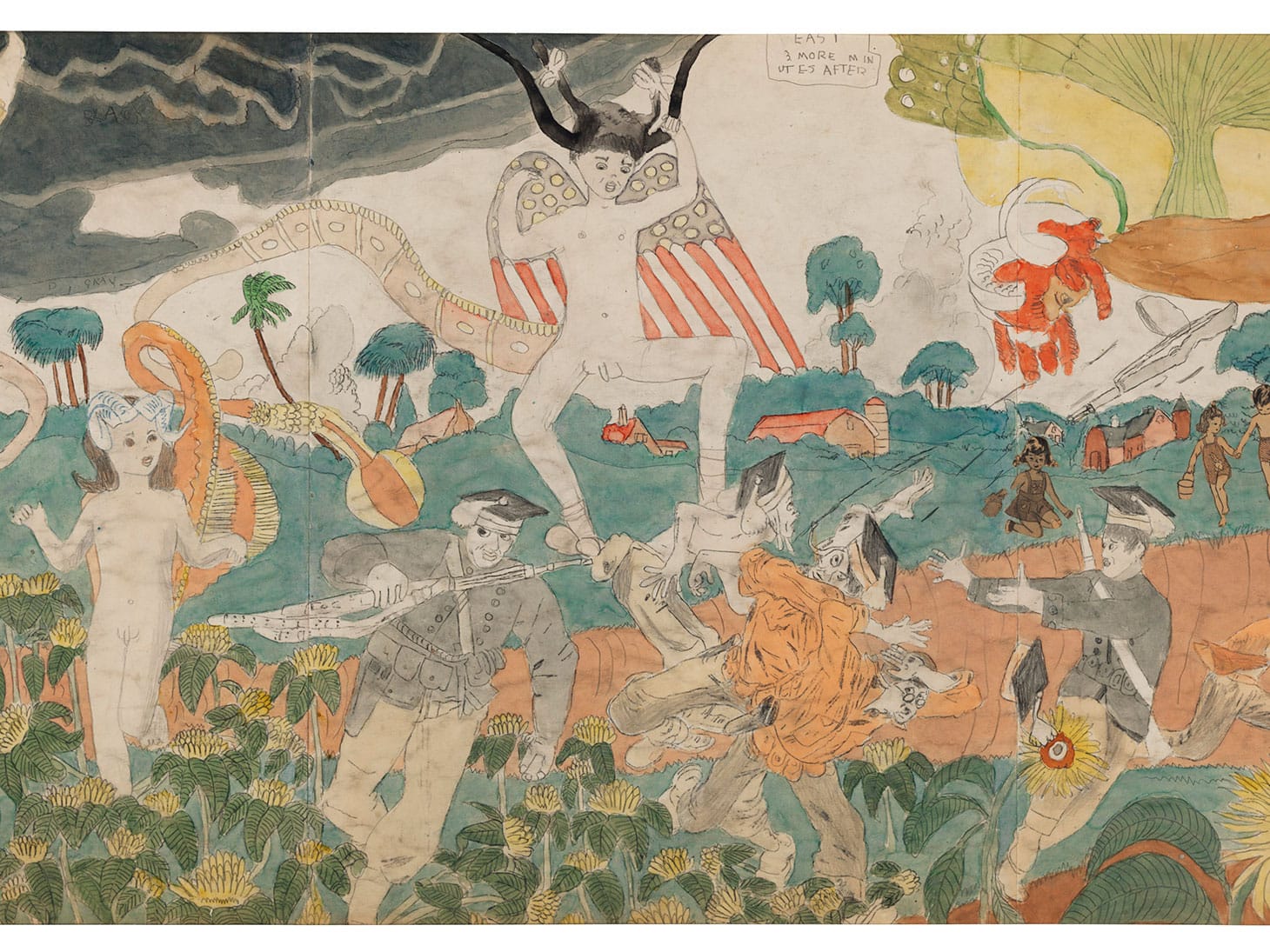 Henry Darger, "148 At Jennie Richee During fury of storm are unsuccessfully attached [sic] by Glandelinians/149 At Jennie Richee narrowly escape capture but Blengins come to rescue, double sided," detail, cropped, watercolor, carbon transfer, ink, graphite and collage on pieced paper, 108 1/4 x 23 inches (image courtesy Christie's)