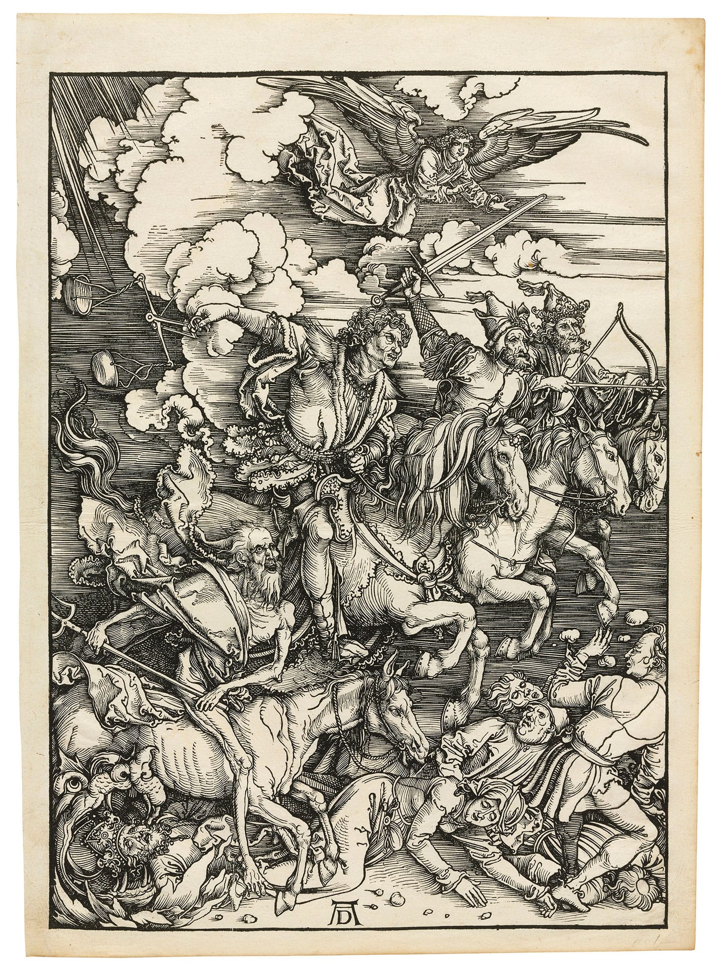Albrecht Dürer, "The Four Horsemen of the Apocalypse, from: The Apocalypse" (c. 1497/98), woodcut on laid paper, block 388 x 280 mm., sheet 429 x 305 mm. (image courtesy Christie's)