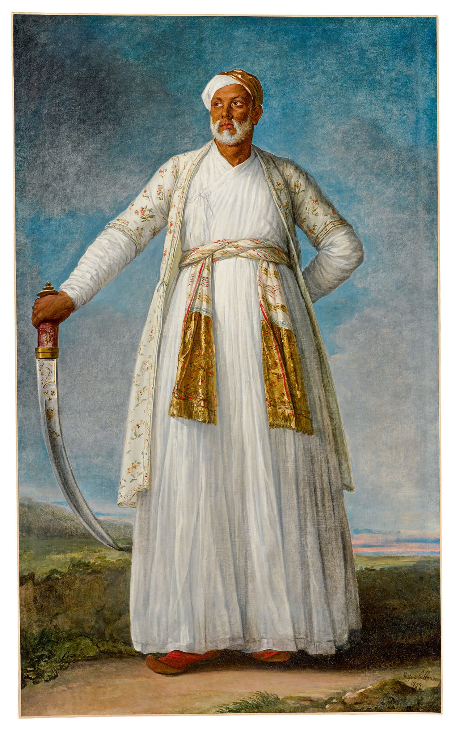 Elisabeth-Louise Vigée Le Brun, "Portrait of Muhammad Dervish Khan, Full-Length, Holding His Sword in a Landscape" (1788), oil on canvas, 88 3/4 x 55 1/2 inches (image courtesy Sotheby's)