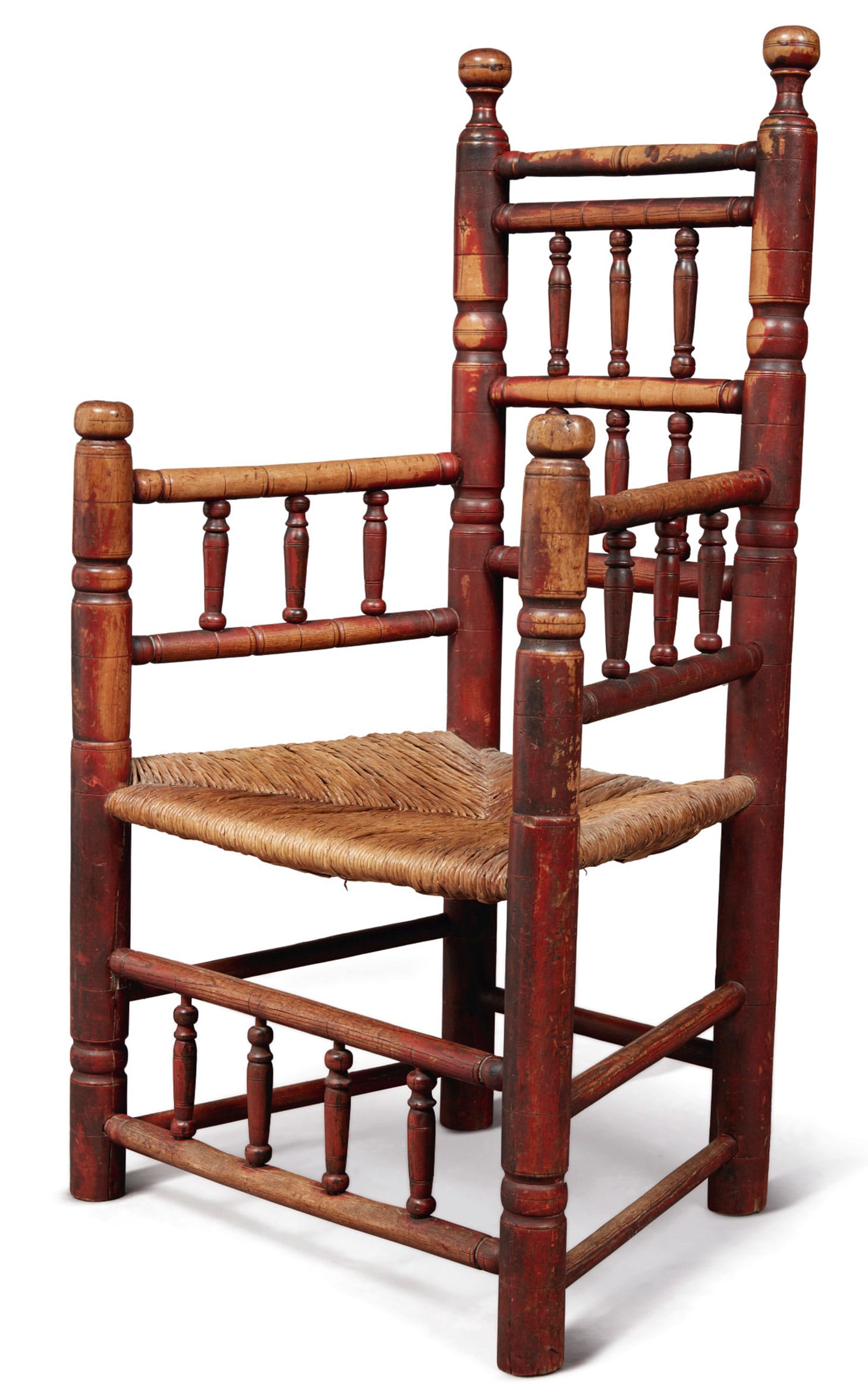 The Important Fairbanks Family Pilgrim Century Turned and Red-Painted Maple Spindle-Back Great Chair, Attributed to Ephraim Tinkham, Plymouth or Middleboro, Plymouth County, Massachusetts (c. 1680), height 41 3/4 inches (image courtesy Sotheby's)