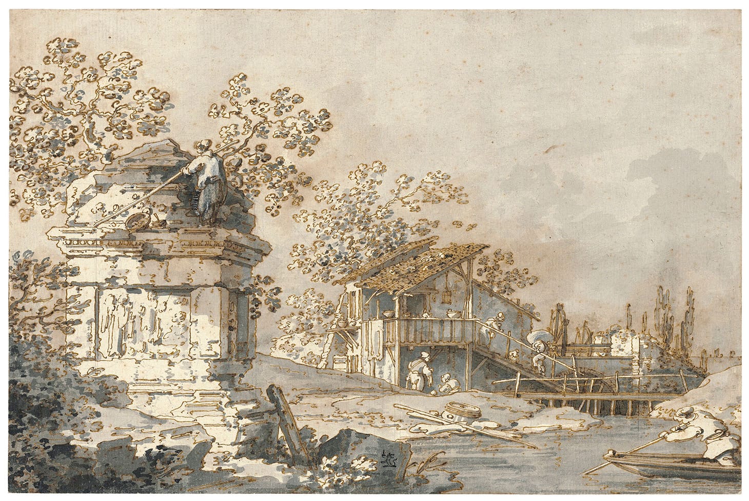 Giovanni Antonio Canal, called Canaletto, "A capriccio with an ancient tomb monument to the left, and a watermill to the right," black chalk, pen and brown ink, grey wash heightened with white 9 3/4 x 14 5/8 inches (image courtesy Christie's)