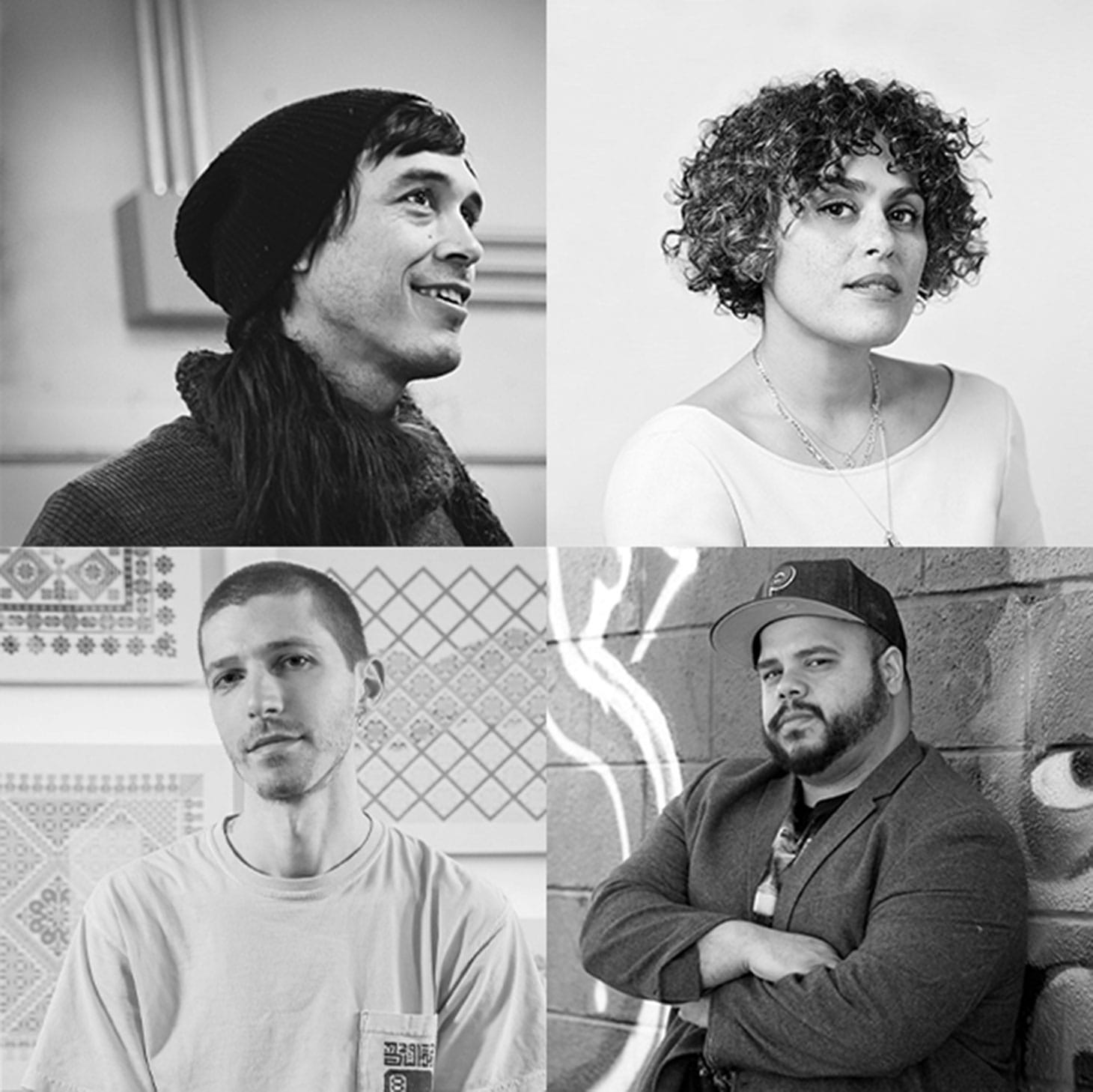 From top left to right bottom: Cannupa Hanska Luger (photo by Zachary C. Person, image courtesy the artist), Marianna Schaffer (photo by Jessie English), Roberto Lugo (photo by Jewellea Photography, image courtesy Wexler Gallery, Philadelphia), Jordan Nassar (photo courtesy the artist)