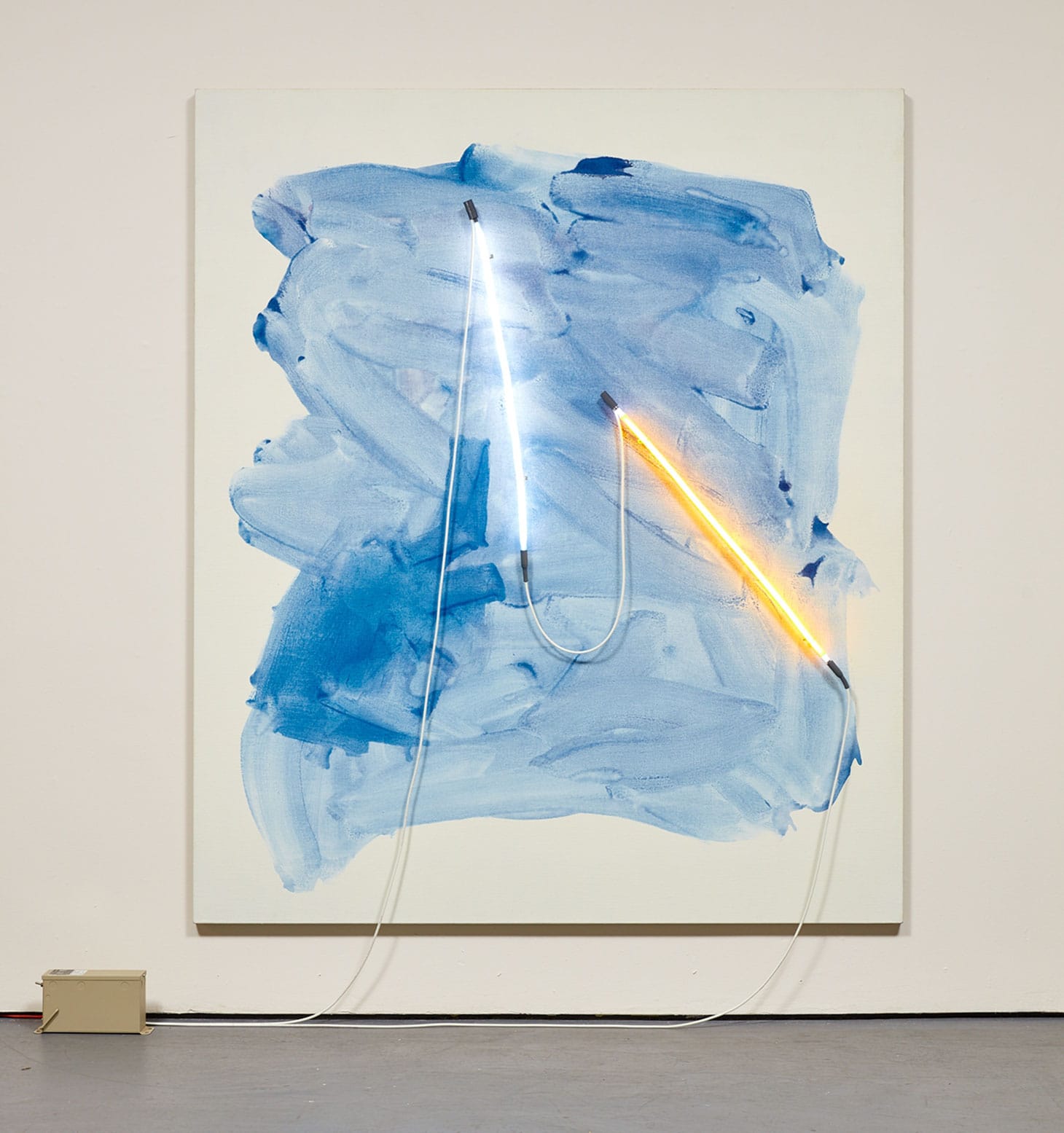 Mary Weatherford, "Truxtun" (2012), flashe and neon on linen, 93 x 79 x 4 inches (image courtesy Phillips)