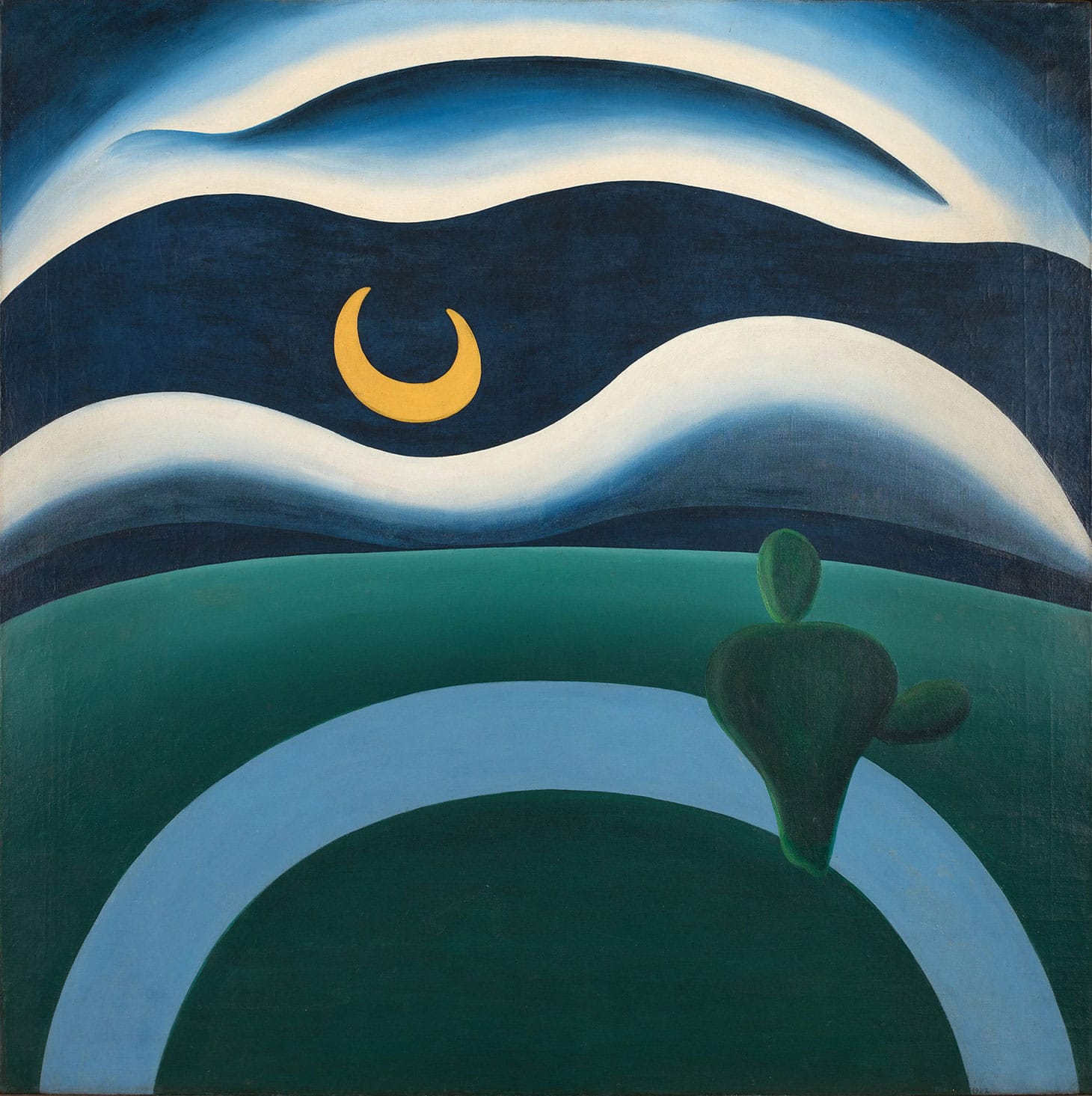 Tarsila do Amaral, "The Moon (A Lua)" (1928), oil on canvas, 43 1/3 x 43 1/3 inches (image courtesy The Museum of Modern Art, New York, purchase)