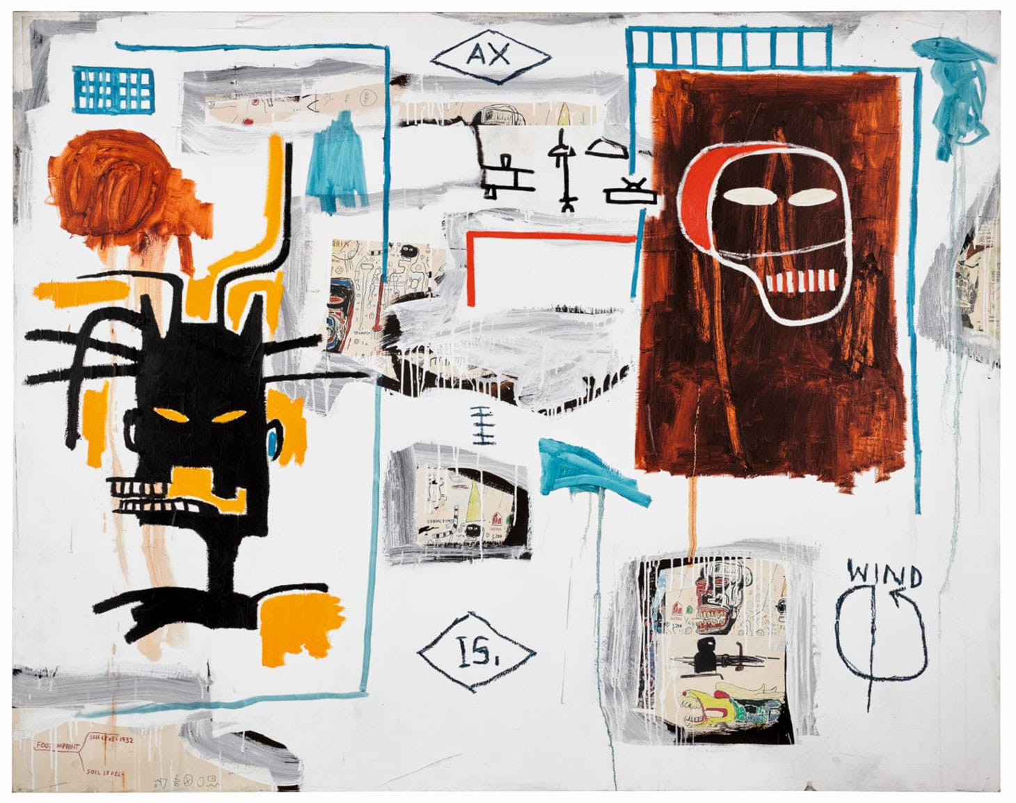 Jean-Michel Basquiat, "Apex" (1986), acrylic, oil stick, and Xerox collage on canvas, 67.9 x 86 inches (image courtesy Sotheby's)