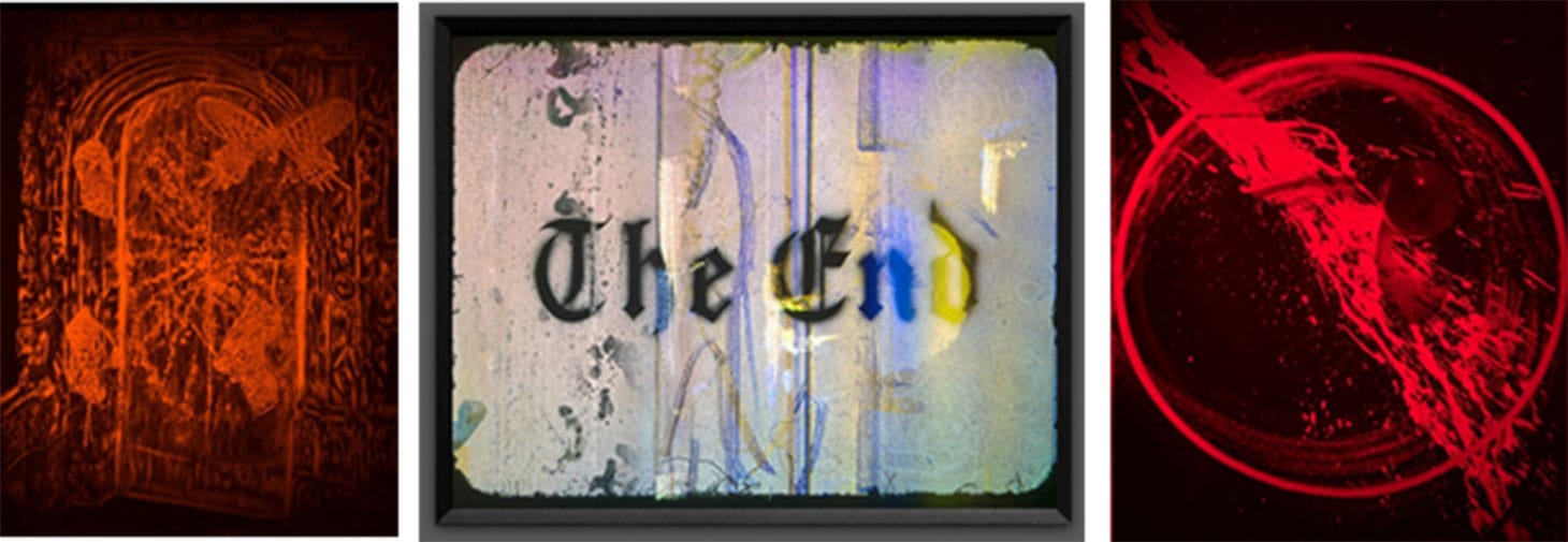 LEFT: Ann McCoy, "Untitled" (1994– 99), H2 Hologram, plate: 15 1/2 × 11 5/8 inches (image courtesy The J. Paul Getty Museum, Los Angeles, Gift of AMPC LLC through the auspices of Guy and Nora Barron, © Ann McCoy); CENTER: Ed Ruscha, "The End" (2017), editioned Hologram, plate: 11 5/8 × 15 1/2 inches (image courtesy The J. Paul Getty Museum, Los Angeles, Gift of AMPC LLC through the auspices of Guy and Nora Barron, © Ed Ruscha); RIGHT: Dorothea Rockburne, "Untitled" (1994– 99), H2 Hologram, plate: 15 1/2 × 11 5/8 inches (image courtesy The J. Paul Getty Museum, Los Angeles, Gift of AMPC LLC through the auspices of Guy and Nora Barron, © 2018 Dorothea Rockburn / Artists Rights Society (ARS), New York)