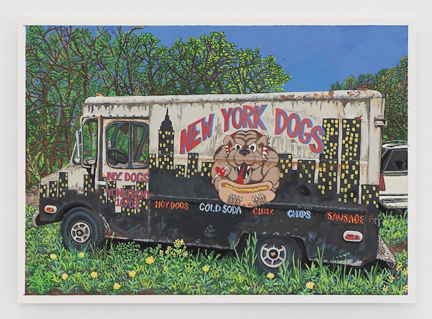 "New York Dogs" (2018), acrylic and carbon transfer on Bristol paper, 8 5/8 x 12 1/8 inches (image courtesy Callicoon Fine Arts)
