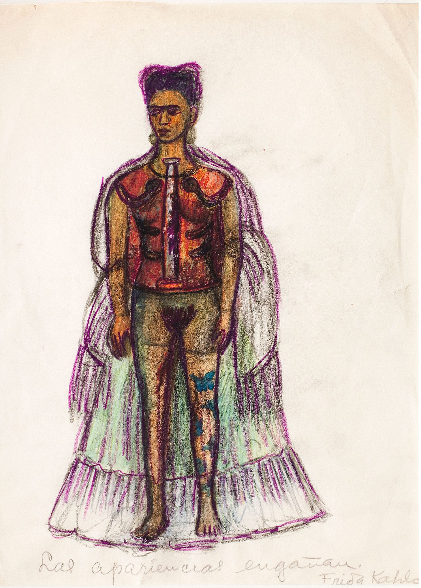 Frida Kahlo “Appearances Can Be Deceiving” (n.d.), charcoal and colored pencil on paper, 11 1/4 x 8 inches (© 2019 Banco de México Diego Rivera Frida Kahlo Museums Trust, Mexico, D.F. / Artists Rights Society (ARS), New York)