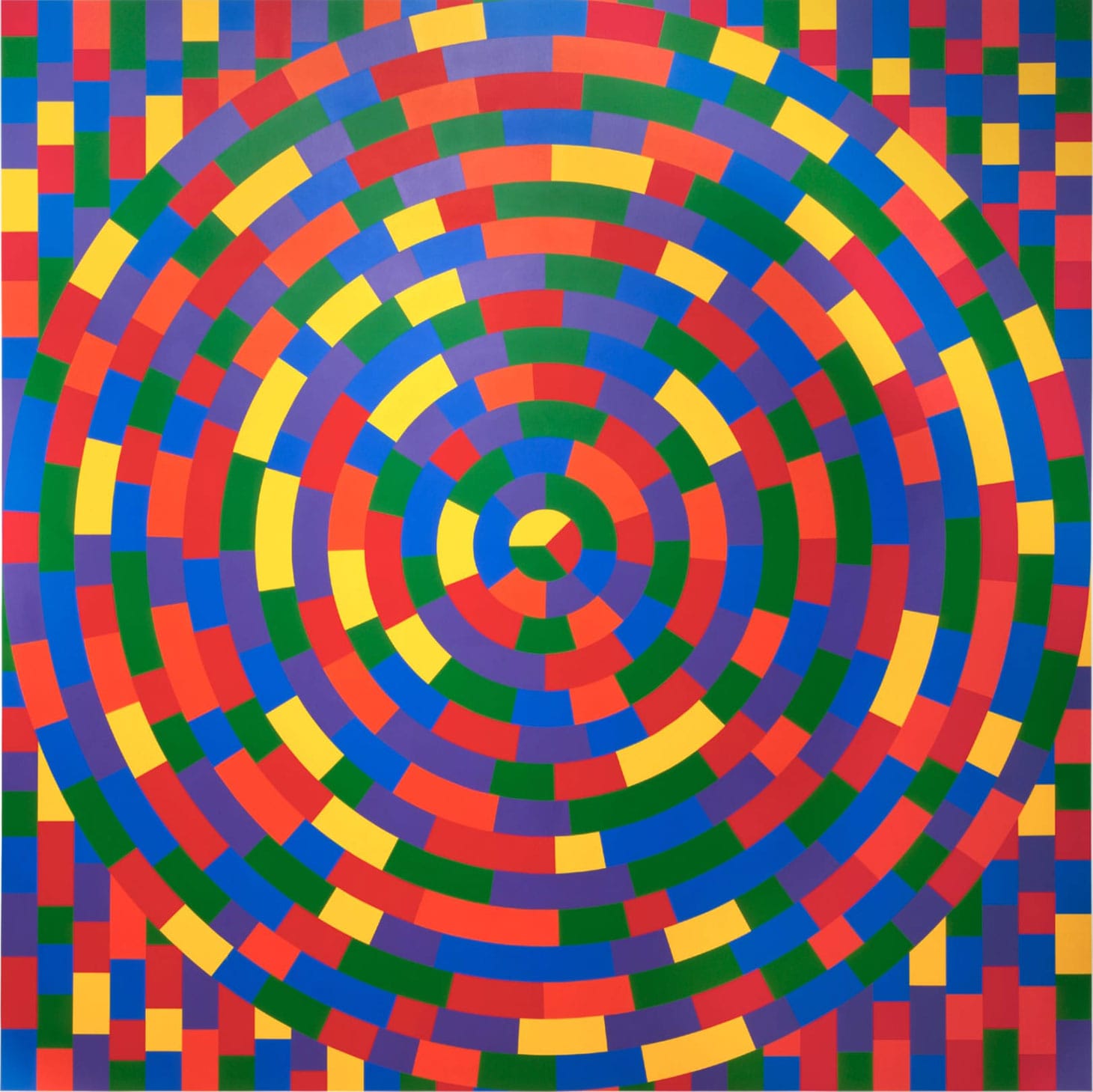 Sol LeWitt, "Wall Drawing #1115: Circle within a square, each with broken bands of color" (2014), acrylic paint, dimensions variable (© Estate of Sol LeWitt / Artists Rights Society (ARS), New York)