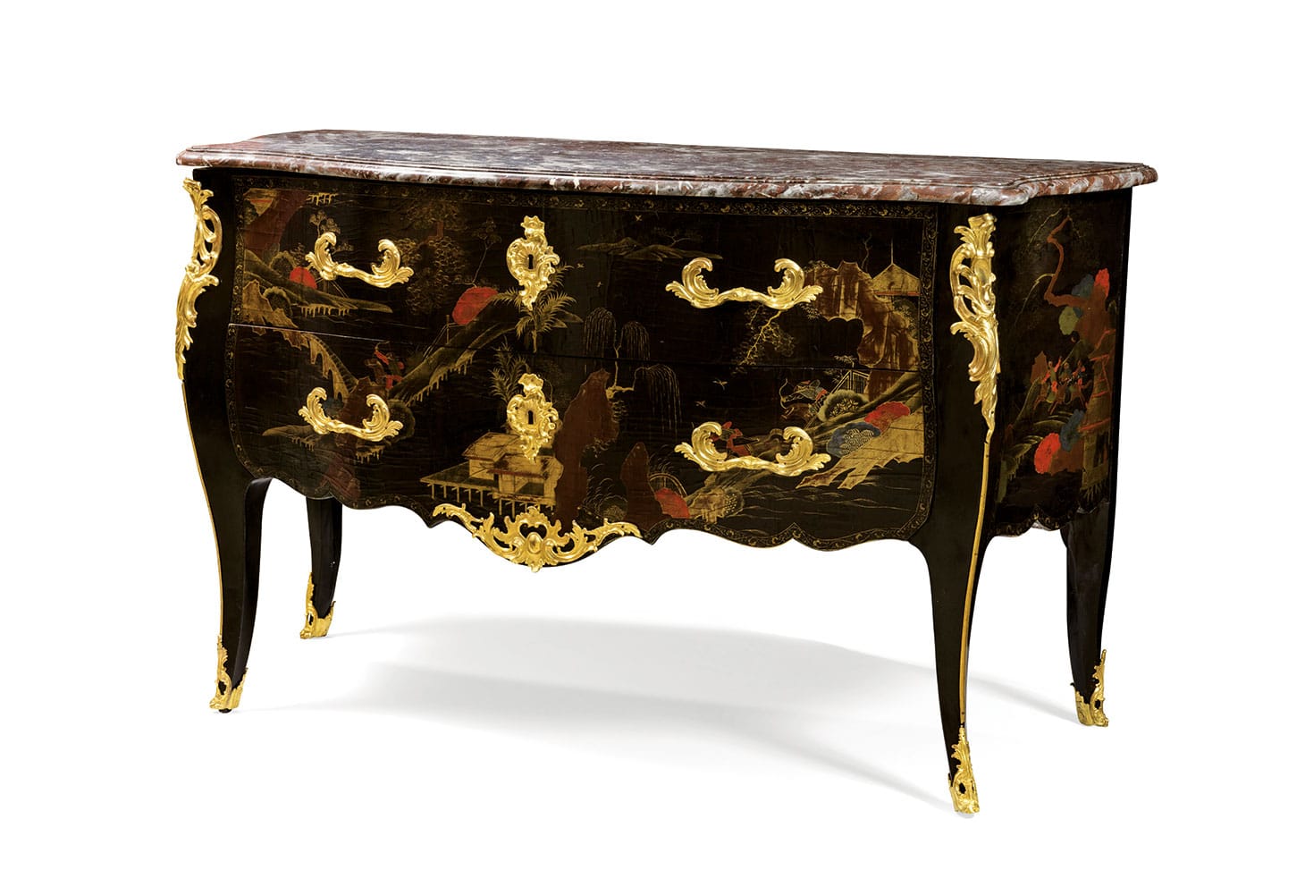 A Louis XV Chinese lacquer and European varnish gilt-bronze mounted commode, (c. 1750), attributed to Jacques Dubois, opening with two drawers, the Flemish marble top, with a label "Château de Divonne" (image courtesy Sotheby's)