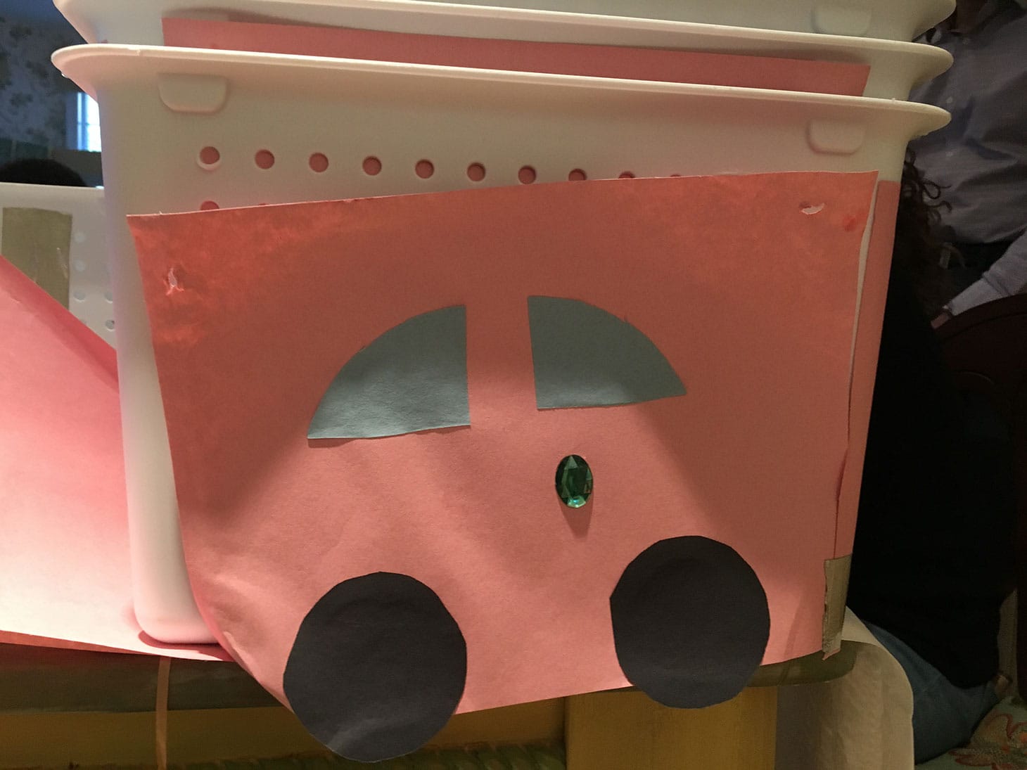 April F., "Untitled" (2019), plastic basket, construction paper, jewels