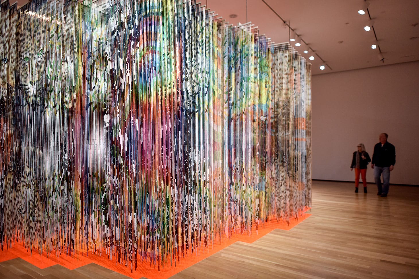 Nick Cave, “Architectural Forest” (2011 ), bamboo, wood, wire, plastic beads, acrylic paint, screws, fluorescent lights, color filter gels, and vinyl , 136 x 372 x 192 inches  (image courtesy Akron Art Museum)
