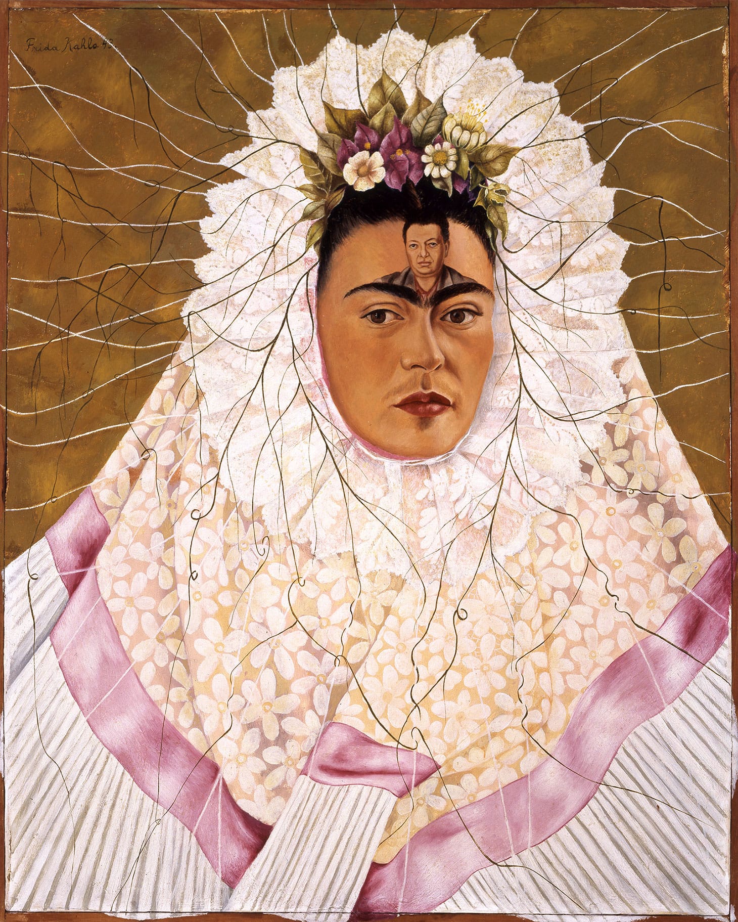 Frida Kahlo, "Self-Portrait as a Tehuana" (1943), oil on hardboard, 30 x 24 inches (The Jacques and Natasha Gelman Collection of 20th Century Mexican Art and the Vergel Foundation, © 2019 Banco de México Diego Rivera Frida Kahlo Museums Trust, Mexico, D.F. / Artists Rights Society (ARS), New York)