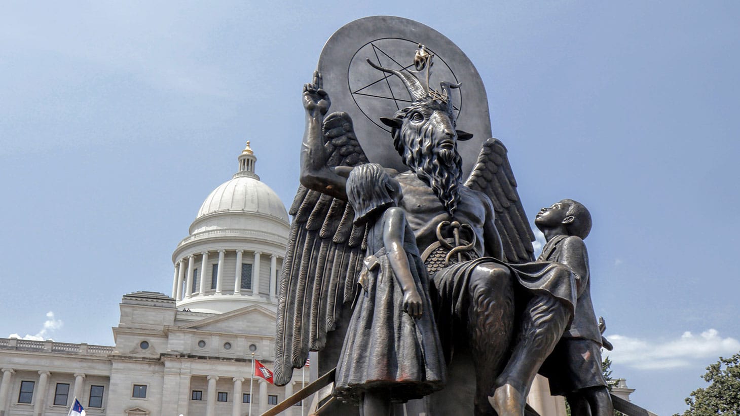 Baphomet monument in front of the state capitol building in Little Rock, AR, featured in <em/>Hail Satan?