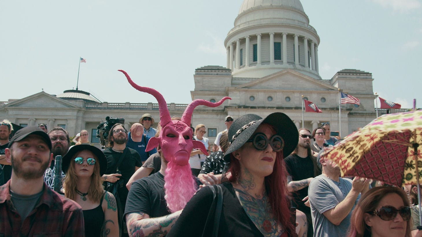 Supporters of TST at the rally for religious liberty in Little Rock, AR, August 2018 in <em/>Hail Satan?, a Magnolia Pictures release