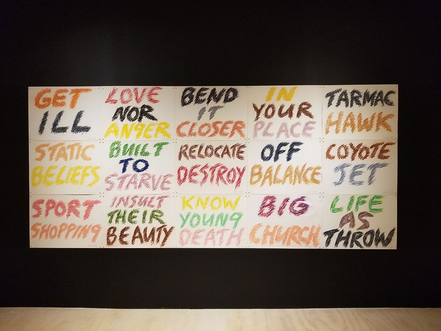 Edgar Heap of Birds, "American Policy II" (1987), pastel on rag paper, each: 22 × 30 inches, 90 × 150 inches