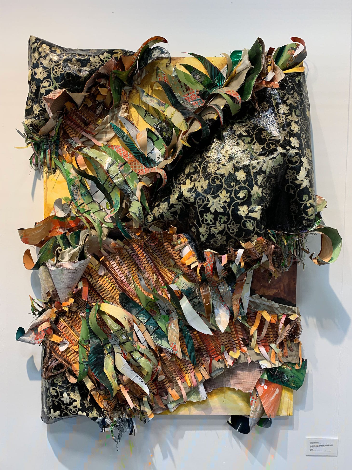 Christina Massey, "Crafty Collaboration 2," acrylic and enamel paint on canvas, linen, repurposed aluminum, paper, and khakis with wire and yarn, 52 x 38 x 14 inches