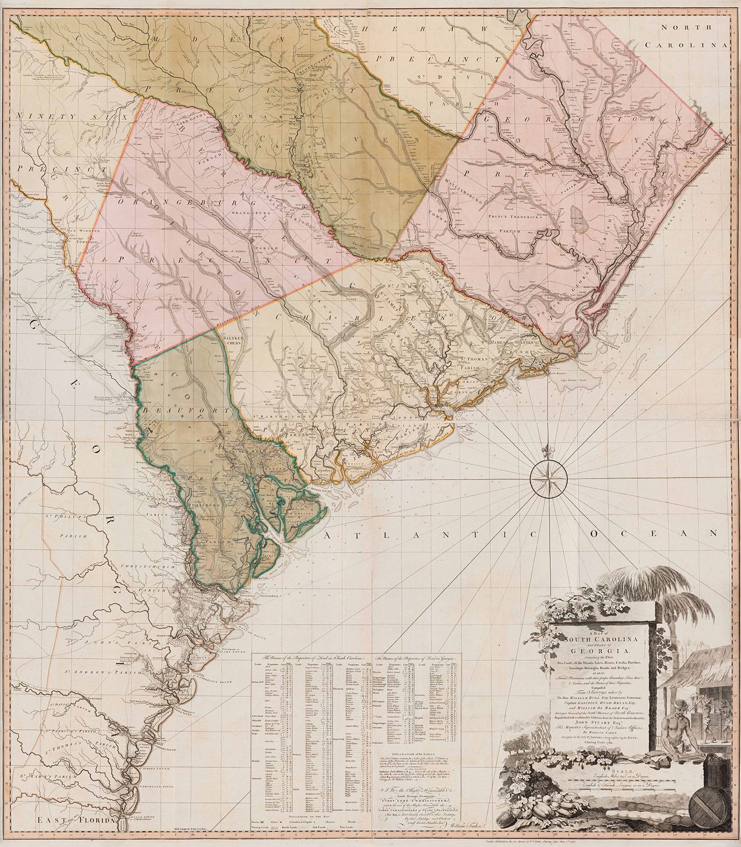 William Faden, "A Map of South Carolina and a part of Georgia" (1780), black and white line engraving with period hand color on laid paper, in two sheets: top sheet H: 28 inches x W: 48 1/2 inches, bottom sheet H: 28 inches x W: 48 1/2 inches, Museum Purchase, 2019-59, A&B (image courtesy Colonial Williamsburg Foundation)