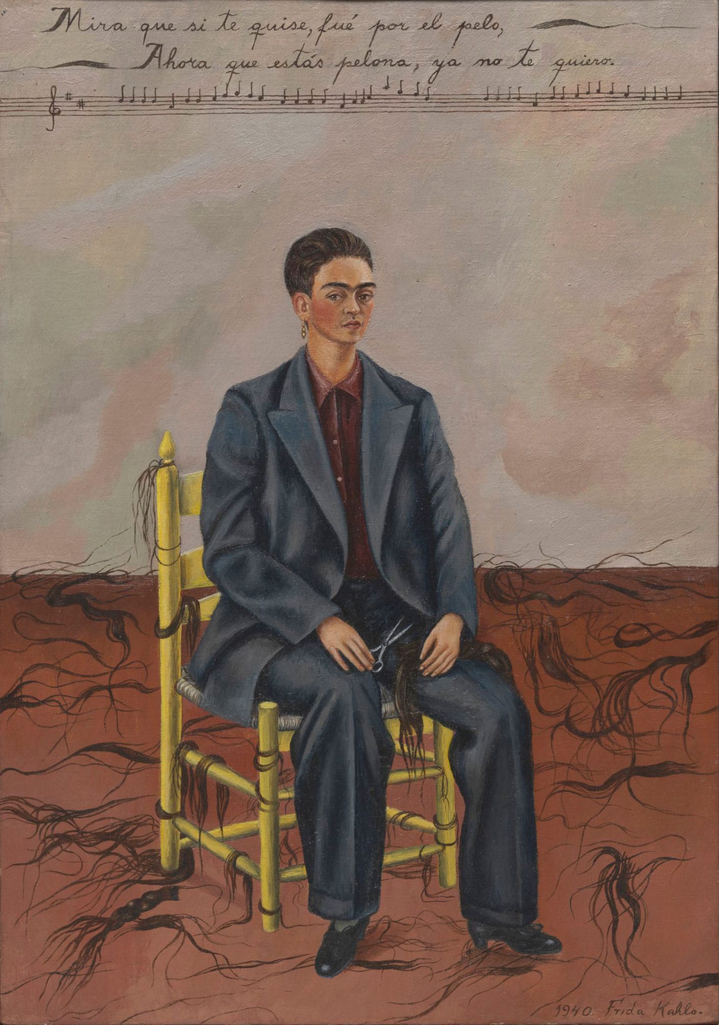 Frida Kahlo, "Self-Portrait with Cropped Hair" (1940), oil on canvas, 15 3/4 x 11 inches (Museum of Modern Art, Gift of Edgar Kaufmann, Jr., © 2019 Banco de México Diego Rivera Frida Kahlo Museums Trust, Mexico, D.F. / Artists Rights Society (ARS), New York, Digital Image © The Museum of Modern Art/Licensed by SCALA / Art Resource, NY)