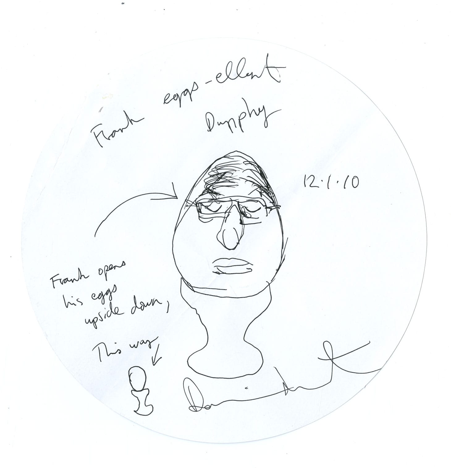 Damien Hirst, "Frank Eggs-ellent Dunphy" (2010), pen on placemat, 22 cm (image courtesy the British Museum)