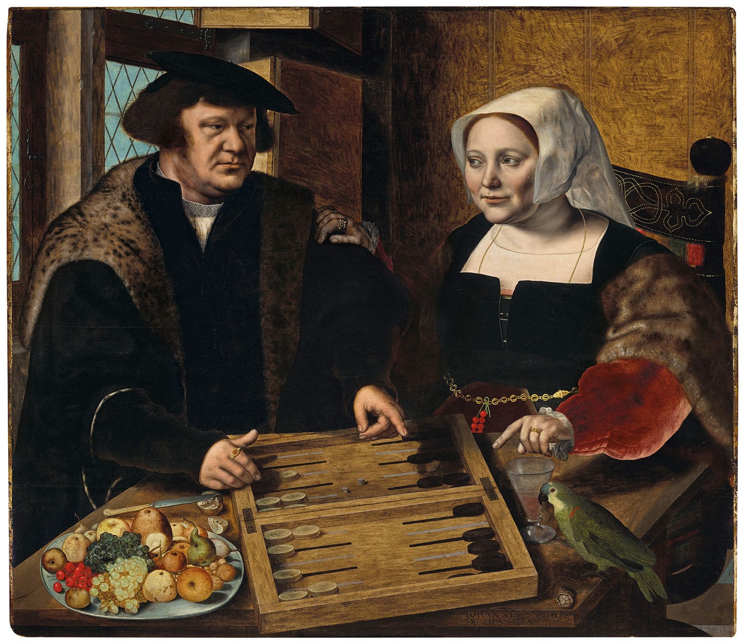 Jan Sanders van Hemessen, "Double portrait of a husband and wife, half-length, seated at a table, playing tables" (1532), oil on canvas, 43 3/4 x 50 3/8 inches (image courtesy Christie's)