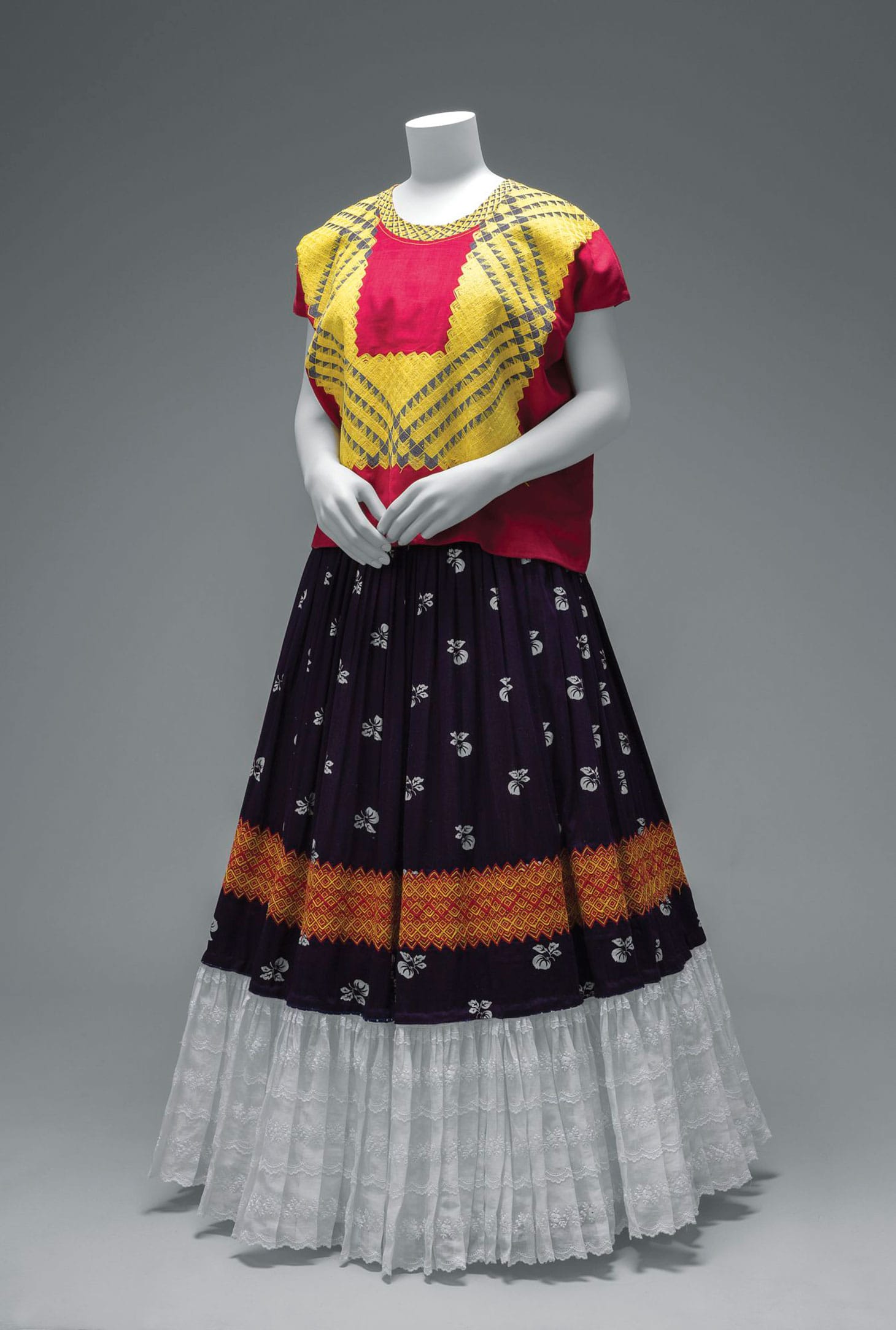 Cotton huipil with machine-embroidered chain stitch; printed cotton skirt with embroidery and holán (ruffle) (© Diego Rivera and Frida Kahlo Archives, Banco de México, Fiduciary of the Trust of the Diego Rivera and Frida Kahlo Museums (photo by Javier Hinojosa, image courtesy V&A Publishing)