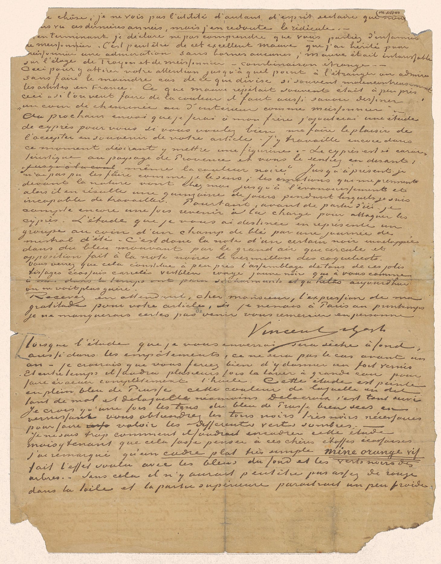 Vincent van Gogh, Letter from Vincent van Gogh to Albert Aurier (1890), image courtesy Van Gogh Museum)
