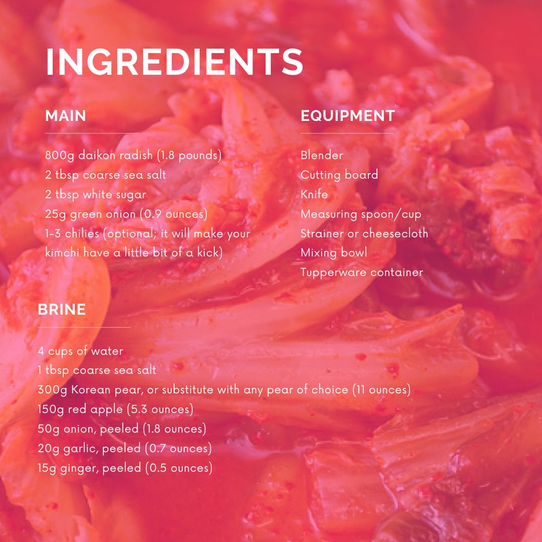 An ingredient and equipment list for "Making from Home: Tiffany Jaeyeon Shin Makes Water Kimchi," hosted by Recess. Ingredients: Main: 800g daikon radish (1.8 lbs) 2 tablespoons coarse sea salt 2 tablespoons white sugar 25g green onion (0.9 oz) 1-3 chilies (optional, for an extra kick) Brine” 4 cups of water 1 tablespoon coarse sea salt 300g Korean pear (or substitute with any pear choice; 11 oz.) 150g red apple (5.3 oz.) 50g onion, peeled (1.8 oz.) 20g garlic, peeled (0.7 oz.) 15g ginger, peeled (0.5 oz.) Kitchen Equipment: Blender Cutting board Knife Measuring spoon/cup Strainer or cheesecloth Mixing bowl Tupperware container