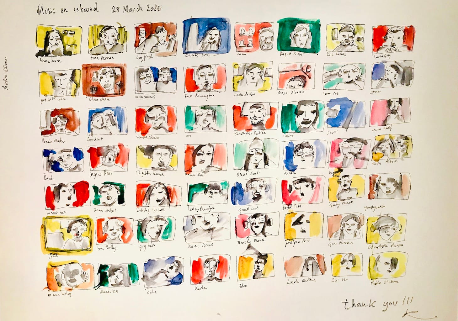 A brightly colored illustration inspired by the World-Wide Tuning Meditation, featuring numerous small squares of faces rendered in watercolor 