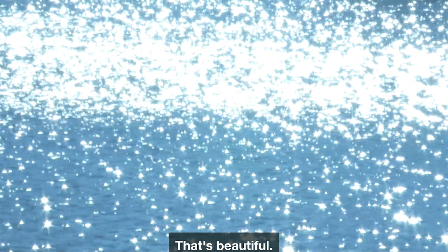 Light glimmers on water, so bright it blots out part of the image in all white. A caption at the bottom of the screen reads: "That's beautiful."