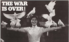 Phil Ochs, Cora Weiss, and Dan Luce, "The War is Over!" (1975), lithograph on paper (Collection of Merrill C. Berman, courtes