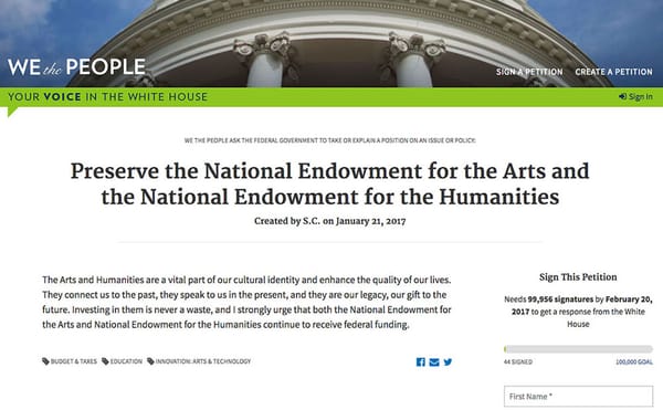 Two White House Petitions to Save the NEA and NEH Aren't Registering Signatures