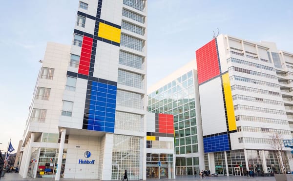 The exterior of The Hague's City Hall building transformed into "the largest Mondrian painting in the world"