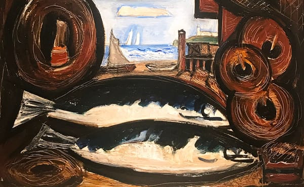 Marsden Hartley, "New England Sea View - Fish House" (1934), oil on academy board, 12 x 24 in (photo Benjamin Sutton/Hyperall