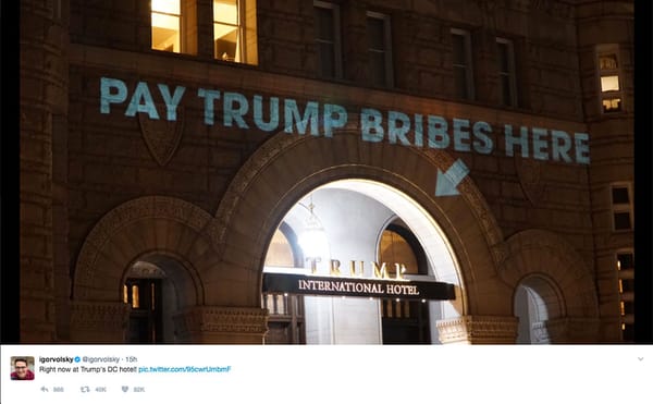 Light Projections Say “Pay Trump Bribes Here” on President’s DC Hotel