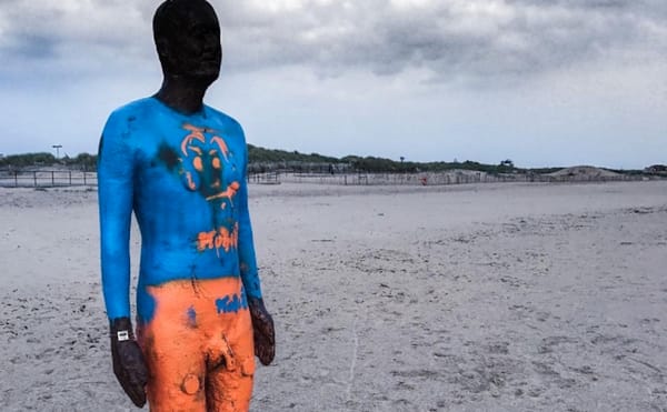 One of Antony Gormley's "Another Place" figures following the recent vandalism (photo by @chris_henry_photos/Instagram)