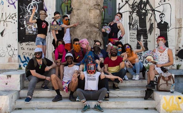 Lgbtqi+ Refugees in Greece with Roger Bernat's replica of the oath stone (photo courtesy Lgbtqi+ Refugees in Greece)