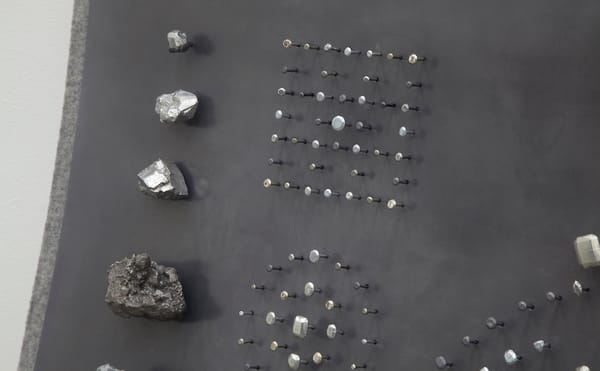 Detail of John Stoney, "Gems" (2017), elemental aluminum, antimony, bismuth, cadmium, indium, iron, lead, nickel, silver, tin