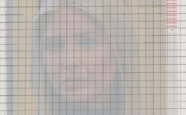 Cindy Hinant, "Celebrity Grid (It’s How He Is)" (2017), magazine page, ink, and mylar, 11 x 8 1/2 in (courtesy of the artist