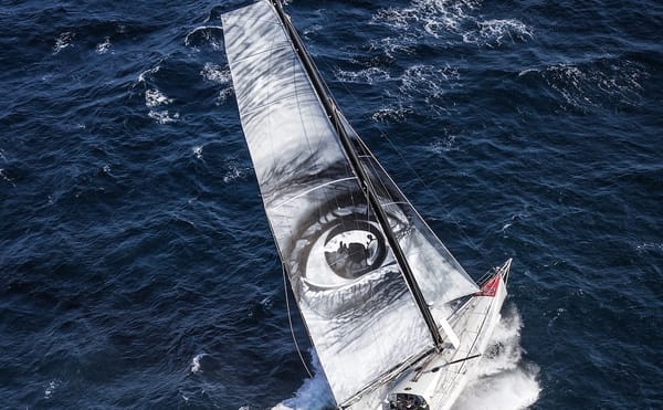 The Vivo à Beira boat, with JR's work on its sail, on July 24 (photo courtesy JR)