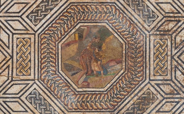 Mosaic at the Roman site in Vienne with a central image of Pan abducting Thalia (photo courtesy Archeodunum)