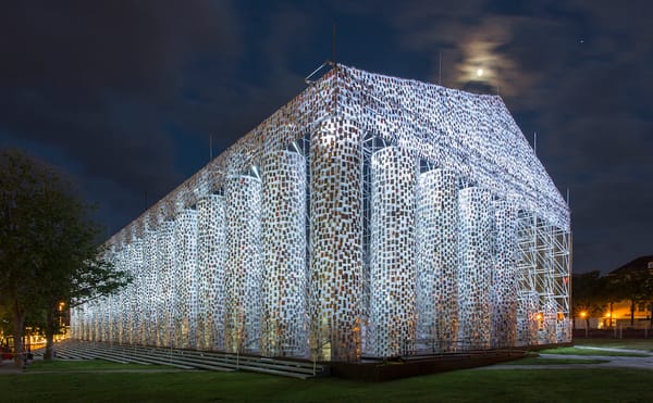 Marta Minujín, "The Parthenon of Books" (2017),  steel, books, and plastic sheeting , Friedrichsplatz, Kassel, Documenta 14 (