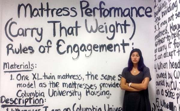 Emma Sulkowicz and the rules of engagement of "Mattress Performance (Carry That Weight)" (2014–15) (via Wikimedia Commons)