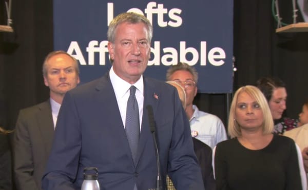 New York City Mayor Bill de Blasio during today's press conference announcing proposed revisions to the city's Loft Law (scre
